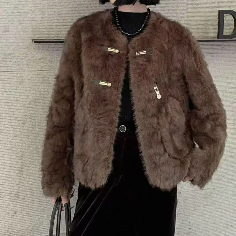2026 Autumn Winter Fashionable Elegant Fox Mink Warm Outerwear Eco-friendly Fur Round-neck Single-breasted Short Coat for Women
