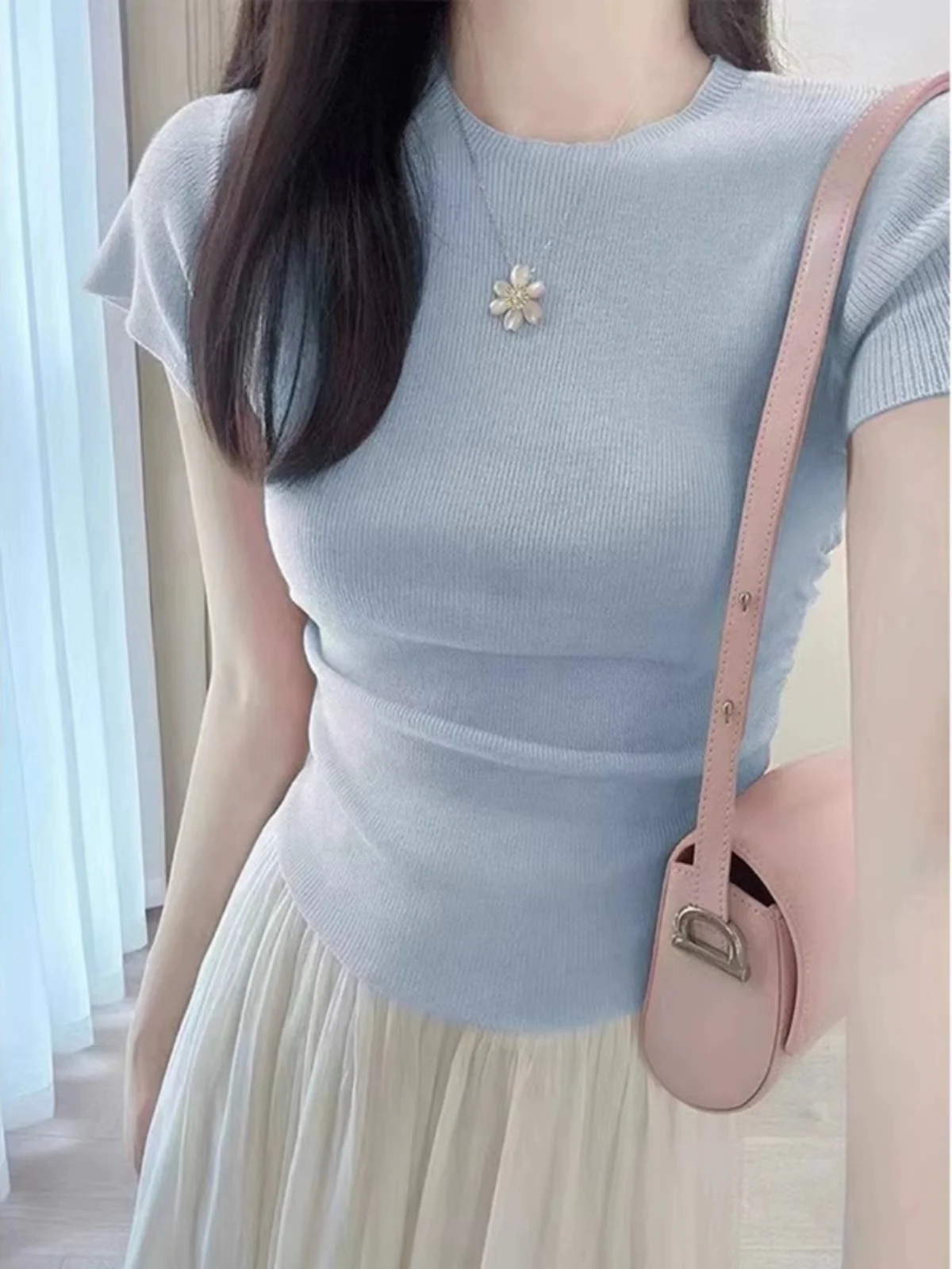 Pink Ice Silk Short Sleeve Knitted T-Shirt Women's Summer Slim Fit Unique Design Shoulder Width Regular Length round Neck Top