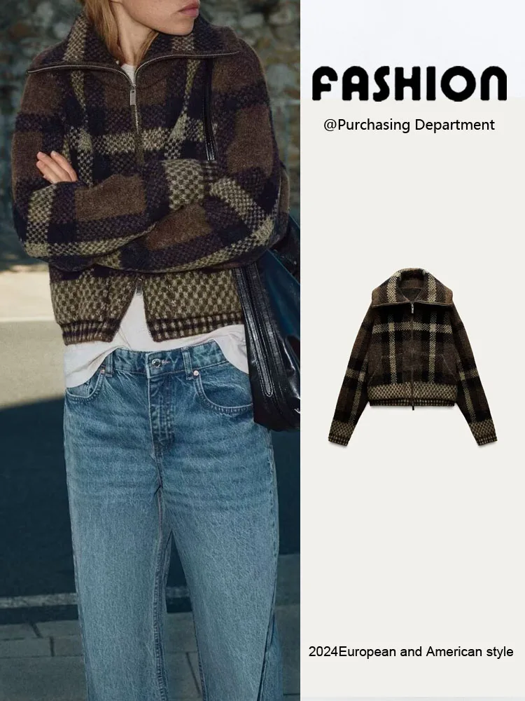 

Новое поступление, осенняя клетчатая верхняя одежда с высоким воротником, длинная све, повседневная женская куртка Ele, универсальная цельная одежда для поездок на работу