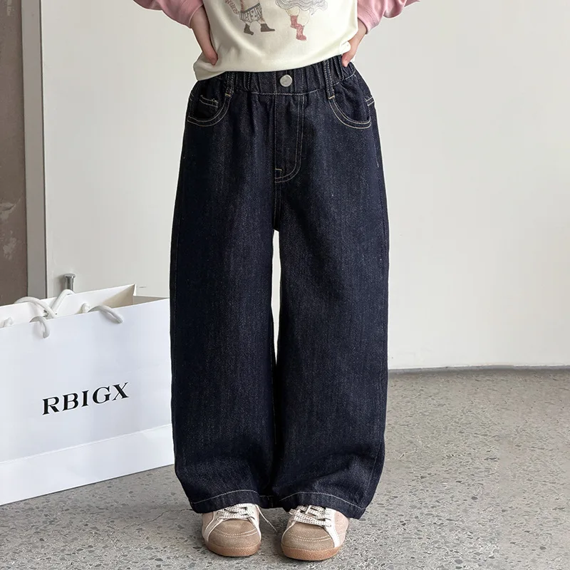 Children's Pants Girls' Fashionable and Versatile Contrasting Colors Bright Lines Soft Denim Labeled Jeans view 3