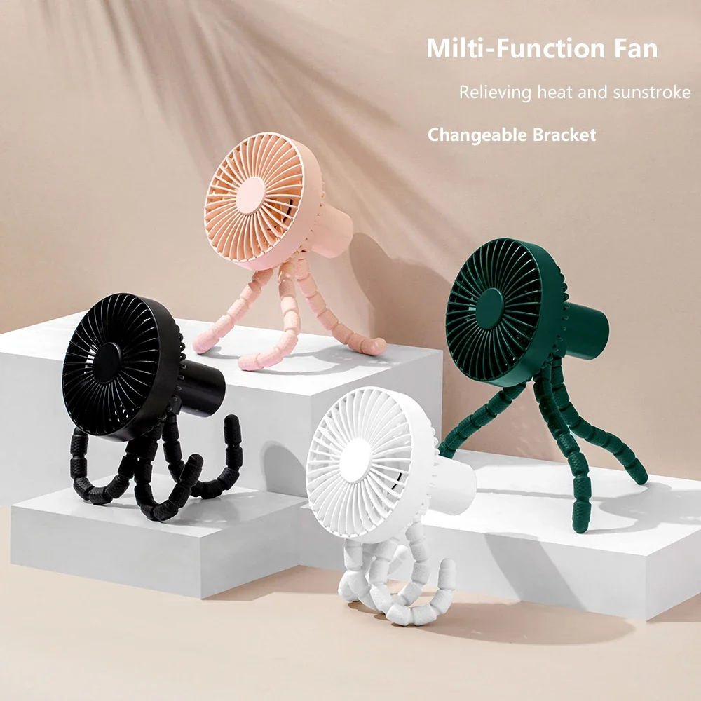 

New Tripod Mini Electric Fan Wireless Octopus Shape for Baby Stroller Bed USB Handheld Silent Battery Fan Rechargeable with Clip