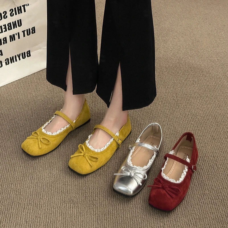 

New Style Luxury Leather Flat Shoes Bow Sweet Casual Ballet Flats Soft Sole Lace Ruffled Mary Jane Shoes Women Zapatos Mujer