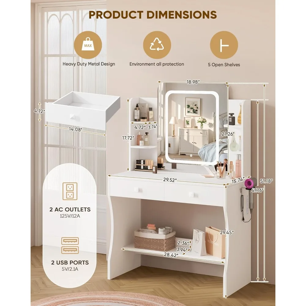 "مكتب زينة للمكياج بإضاءة LED مع مخرج طاقة، طاولة زينة مدمجة ذات درجين و5 أرفف، طاولة زينة"