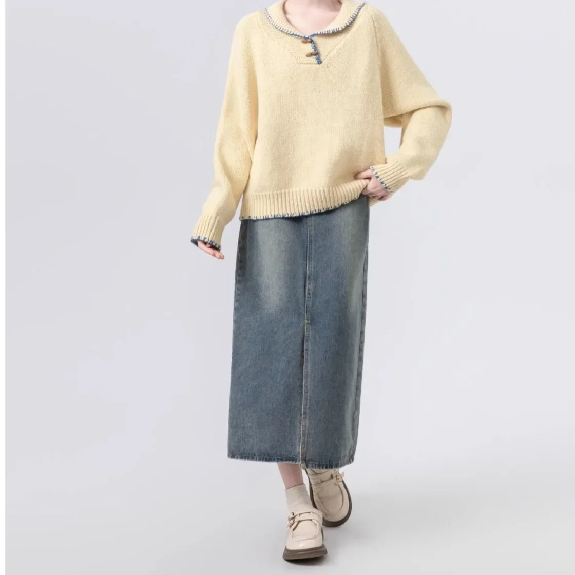 خريف شتاء نمط جديد بولو طوق سترة مريحة رداء علوي غير رسمي الأصفر زر متابعة سميكة لينة المرأة تريكو فضفاضة تناسب