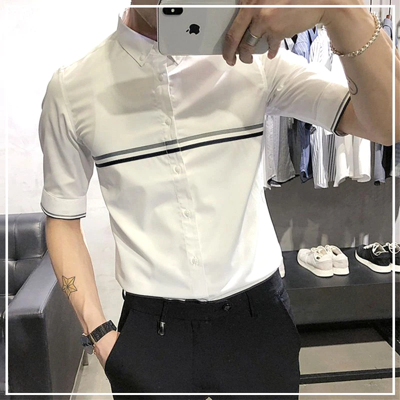 2024 Summer Korean Edition Trendy and Fashionable Polo Collar Color Block Slim Fit Versatile Thin Short Sleeved Shirt for Men