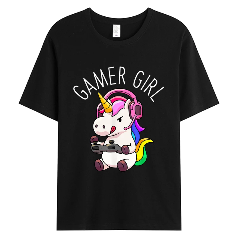 

Unisex Tees Gamer Girl Unicorn Gaming Cute Video Game Gift Tshirt Women Men's Cotton Fabric Graphic T-Shirts White Tops