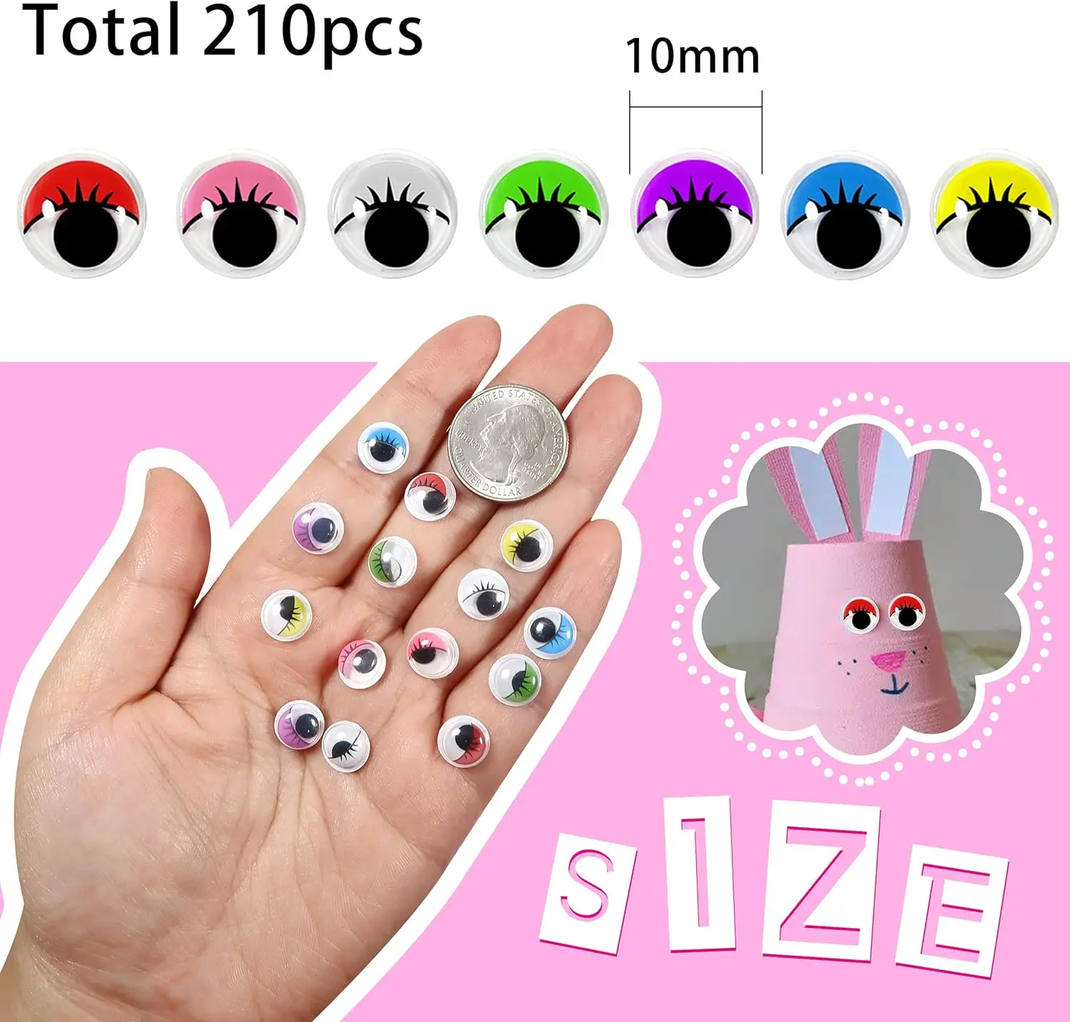 100pcs Plastic Googly Eyes with Eyelashes Wiggle Eye Self Adhesive Assorted Colors 10mm Round Sticker Eyes for Arts Scrapbooking