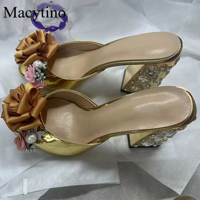 2023 New Arrival Rose Flower Decoration Ladies High Heels Square Toe Monster Heels Fashion Party Slipers