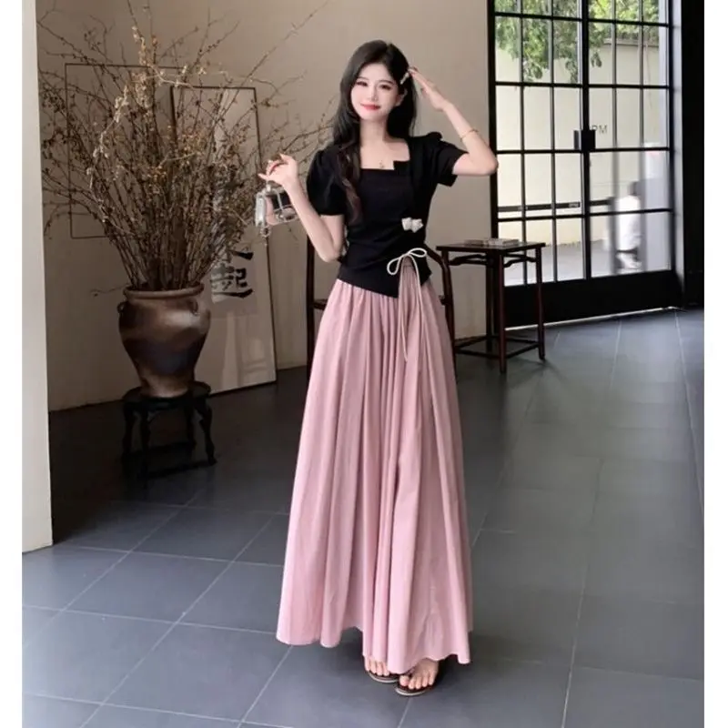 

Women Summer Slim Black T Shirts A-Line Skirts Two Piece Suits Lady Graceful Joker Short Pullover Tops Skirt Outfits 2025