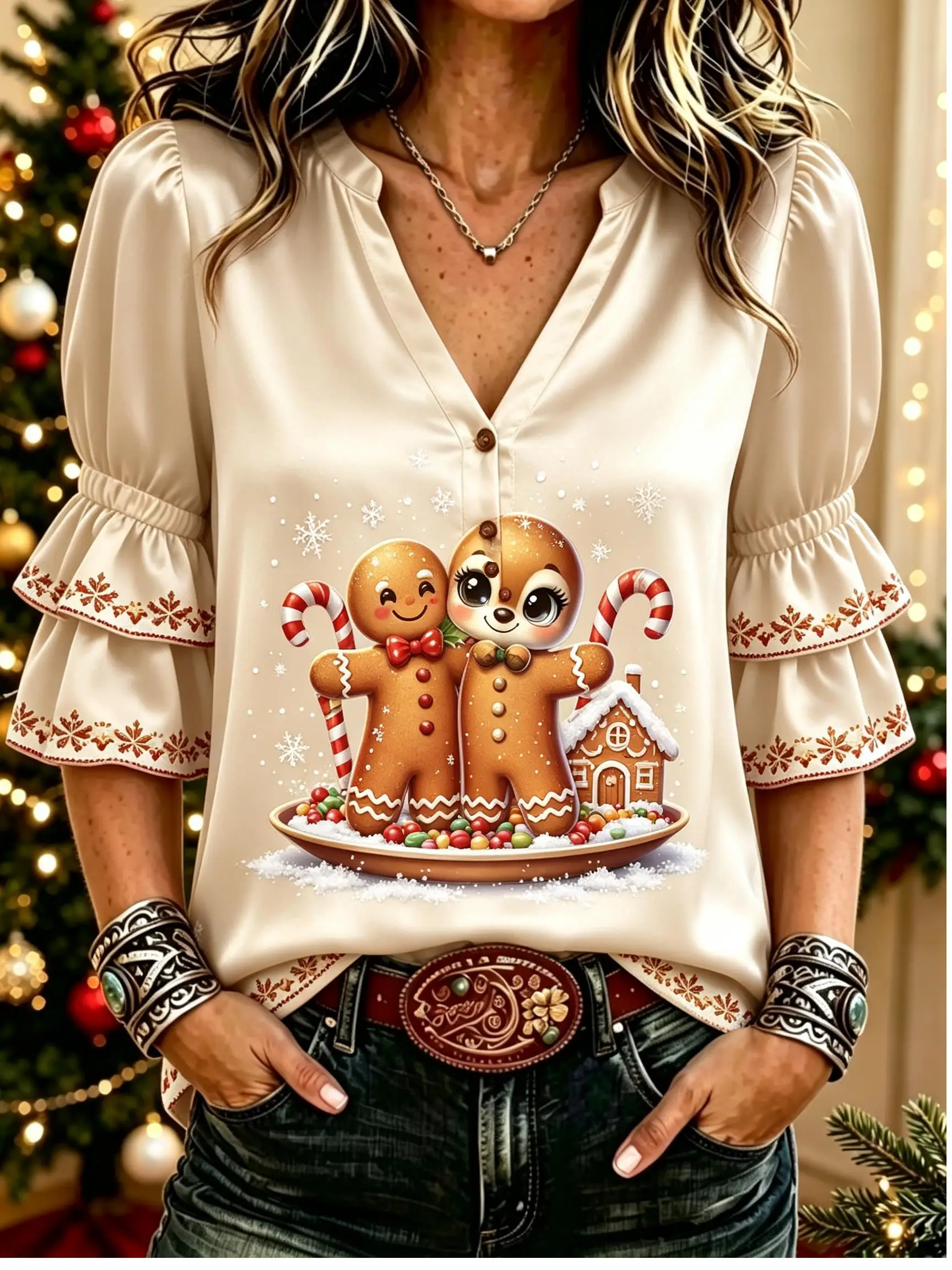 Women V Neck Half Button Blouse Tiered Ruffle Sleeve Christmas Cartoon Animal Graphic Print Holiday Party Top
