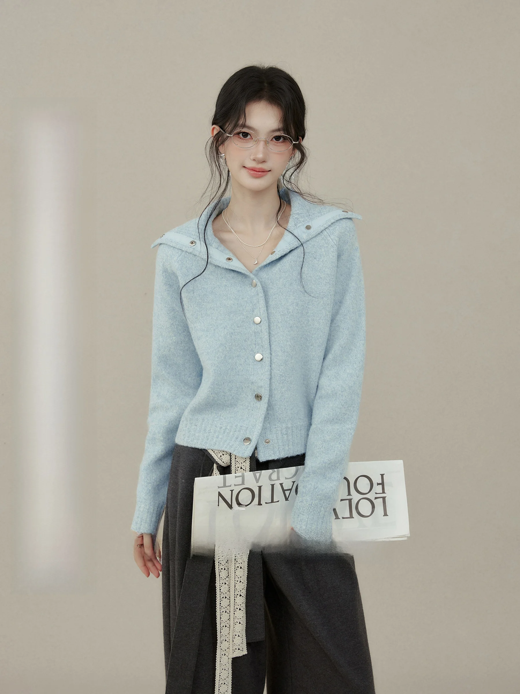 

Blue Fce Open Cardigan Sweater High Collar Inner Wear for Plump Women Commute Sle Thiened Autumn Winter Outerwear