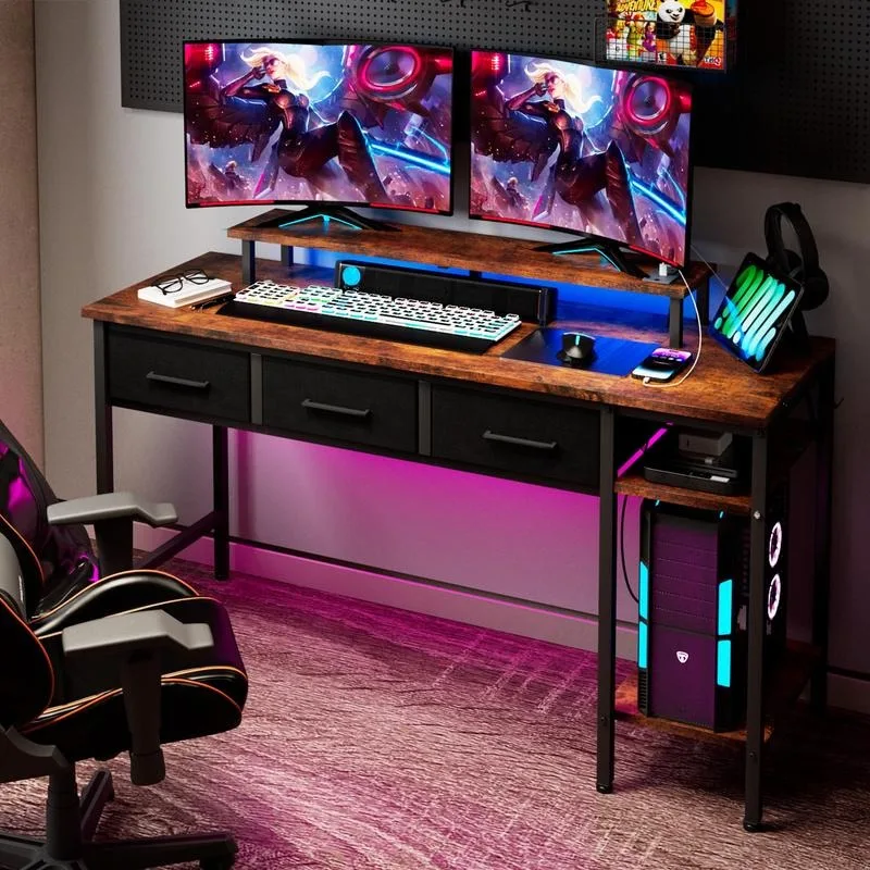 

NLDD 55-inch Computer Desk with 3 Drawers, Gaming Desk with LED Lights & Power Outlets, Writing and Learning Desk wiwn, 55inch)