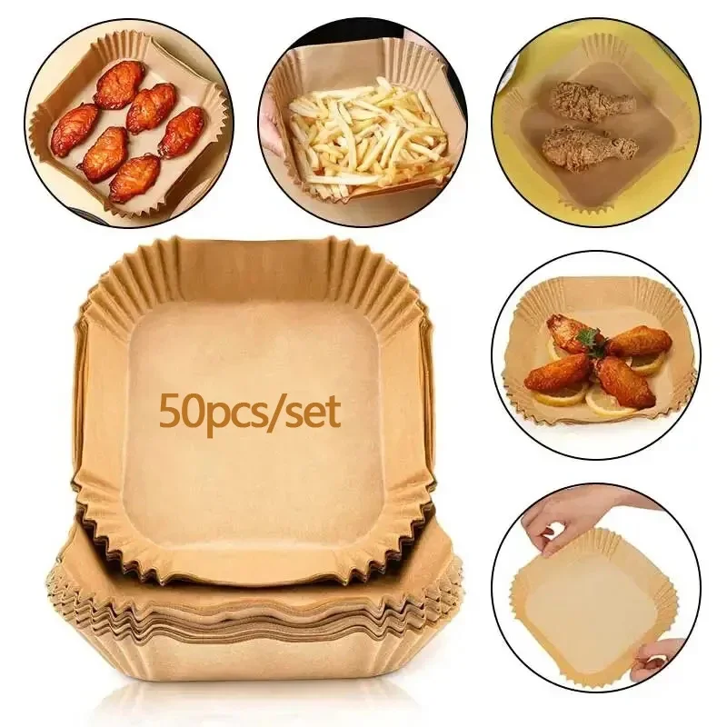 50pcs/set Air Fryer Disposable Paper Square Baking Paper Liners Paper Barbecue Plate Nonstick Airfryer Kitchen Accessories