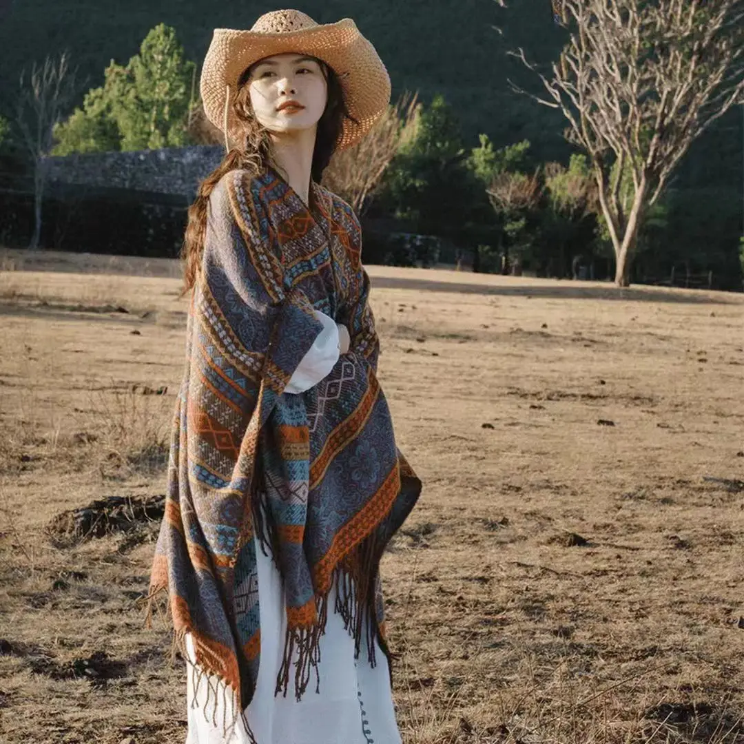Ethnic Jacquard Shawl Warm Cloak Cape Vacation Travel Photo Outfit Versatile Scarf Wrap Outerwear for Women