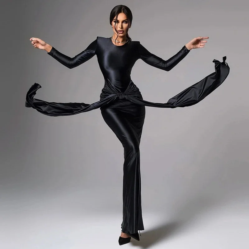 

Elegant Ribbon-Accent Mermaid Evening Gown Solid O Neck Shoulder-Pad Long Sleeve Bodycon Dress Chic Women's Banquet Party Dress