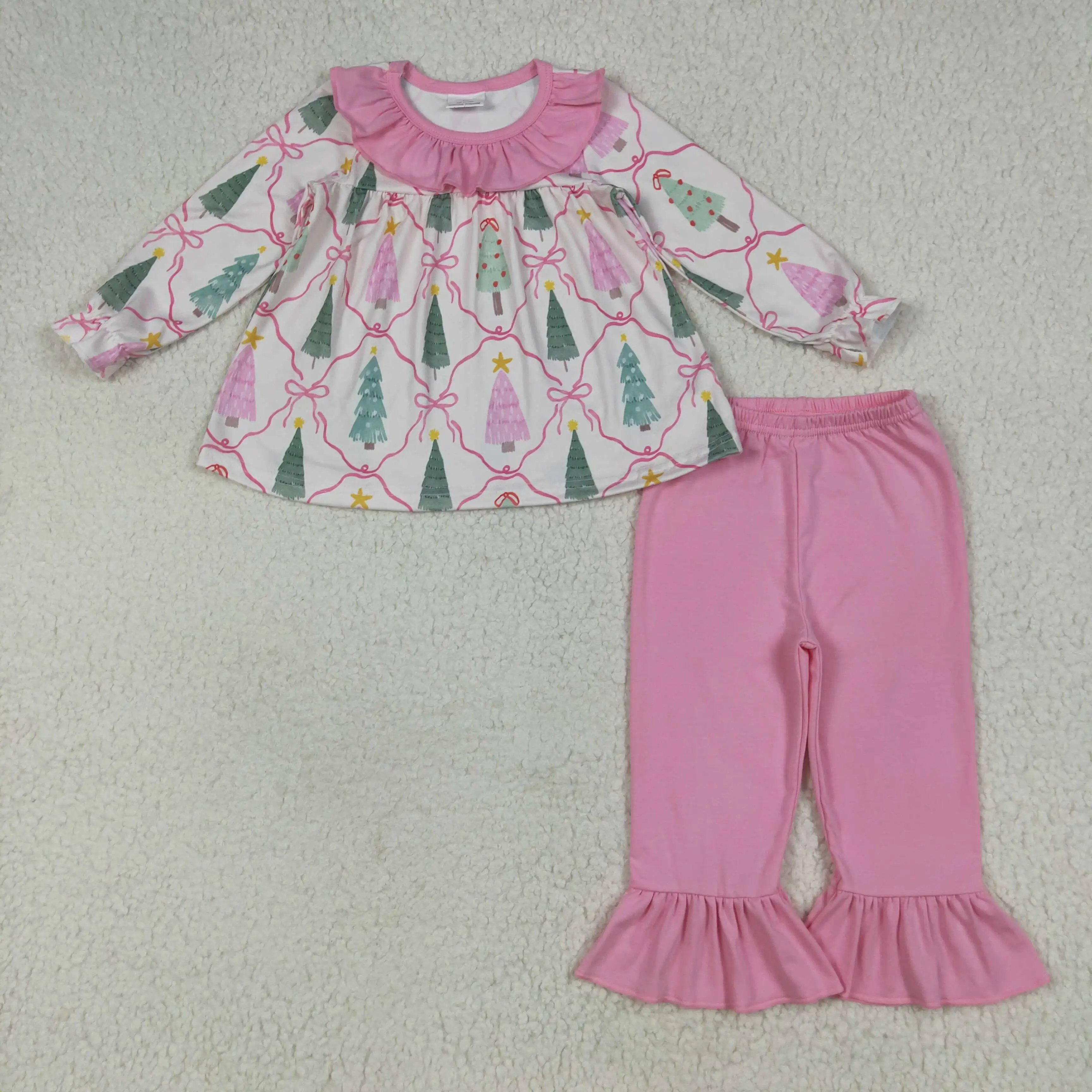 

Western Clothe Christmas Trees Long Sleeve Pink Striped Pants Set for Girls Kids Clothing Baby Outfit