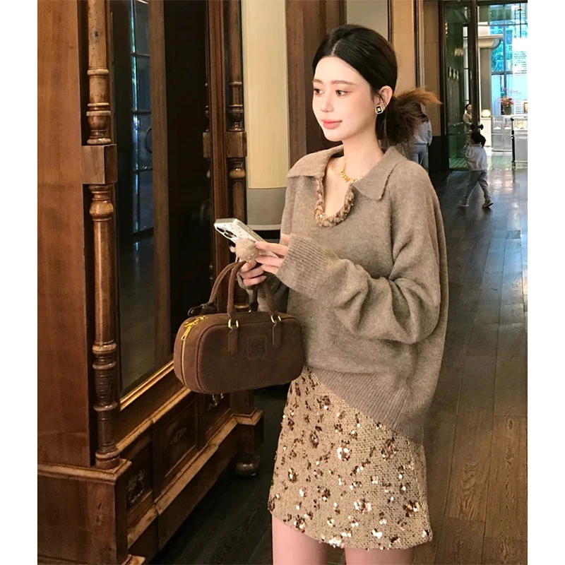 Herbst Winter frauen Lose Gestrickte Pullover Und ort Rock Zwei-Stück Set Faionable Abnehmen Vielseitig Ensemble Casual Wear