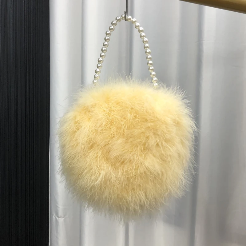 Real Ostrich Feather Handbag for Women Mini Purse Clutch with Pearl Chain Luxury Evening Party Round Bag