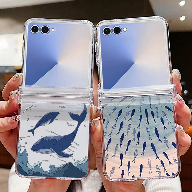 Whales Turtles Clear Phone Case For Samsung Galaxy Z Flip 7 6 5 4 3 5G Folding Hard Back Cover For Samsung Z Flip7 Flip6 Flip5