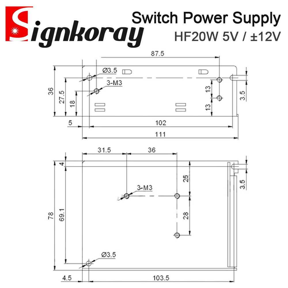 SignkoRay HF20W-T-A Switch Power Supply 5V 0.3-3A 12V 0-1A -12V 0-0.5A Triple Output for Laser Solar Energy Industrial Control