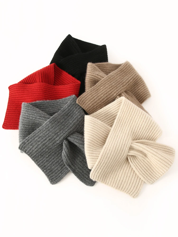 100% Cashmere Through-Hole Small Neck Warmer Scarf Knitted Women Autumn Winter Bow Tie Cowl Soft Cashmere Accessories cuello