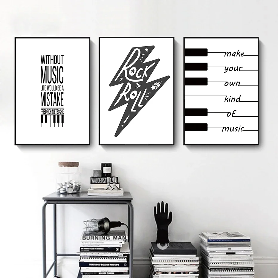 Pintura en lienzo con texto de teclado de piano en blanco y negro, estilo nórdico abstracto, cuadro decorativo para el hogar.
