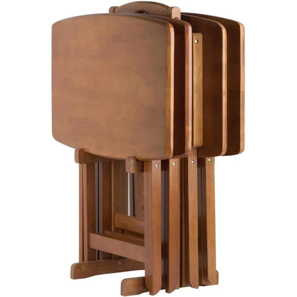 مجموعة طاولات وجبات خفيفة كبيرة من خشب الساج مكونة من 4 قطع مع حامل - طاولات خشبية متينة لتناول الطعام والعمل والترفيه