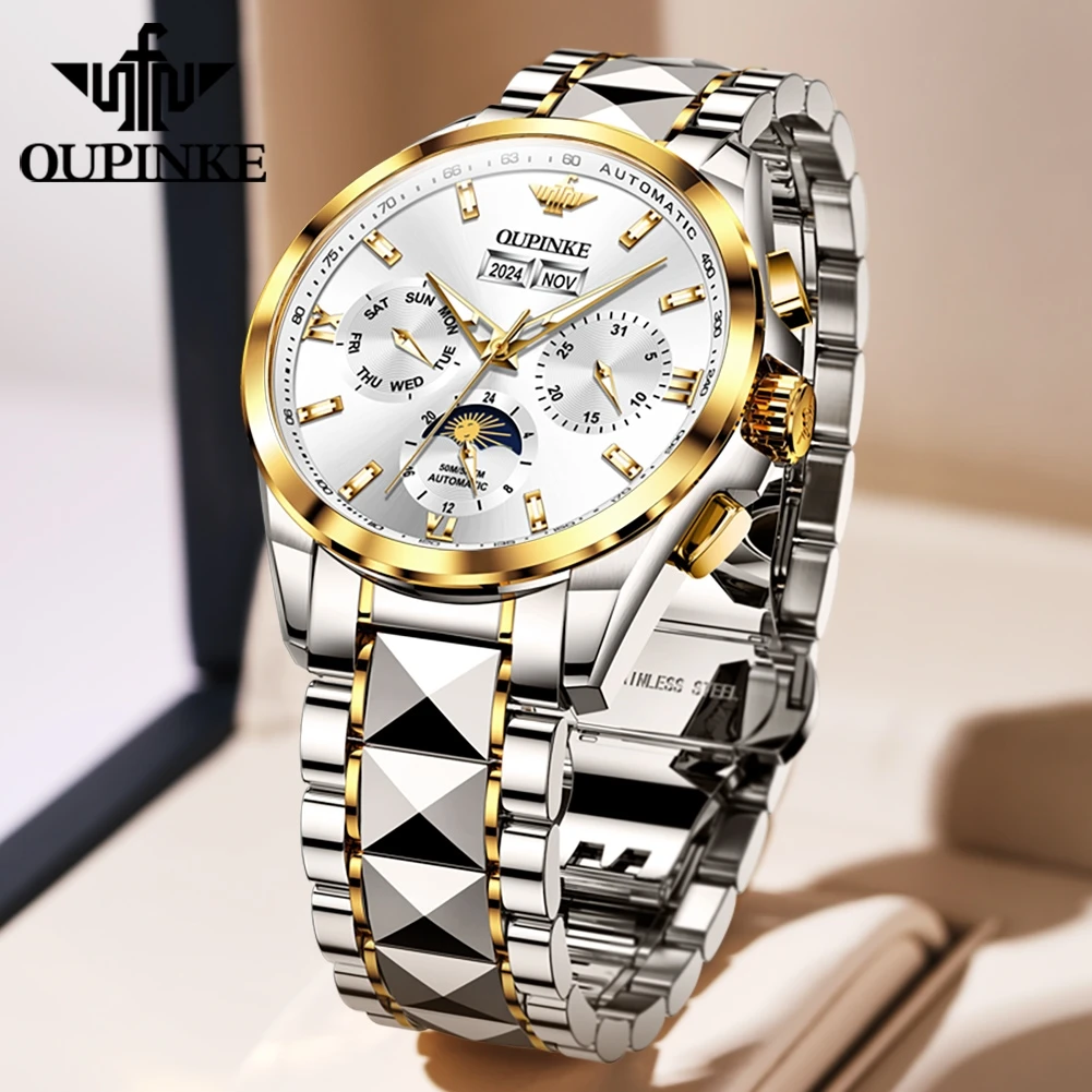 OUPINKE 3201 Hot Sale Men's Watches Tungsten Steel Moon Phase Automatic Mechanical Watch for Men Luxury Business Wristwatch 3201