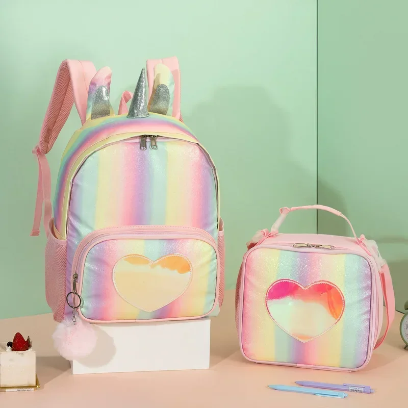 Kids Backpack Set with Lunch Box Lightweight Shining Glitter Backpack for Girls Water Resistance Elementary Student Bookbag