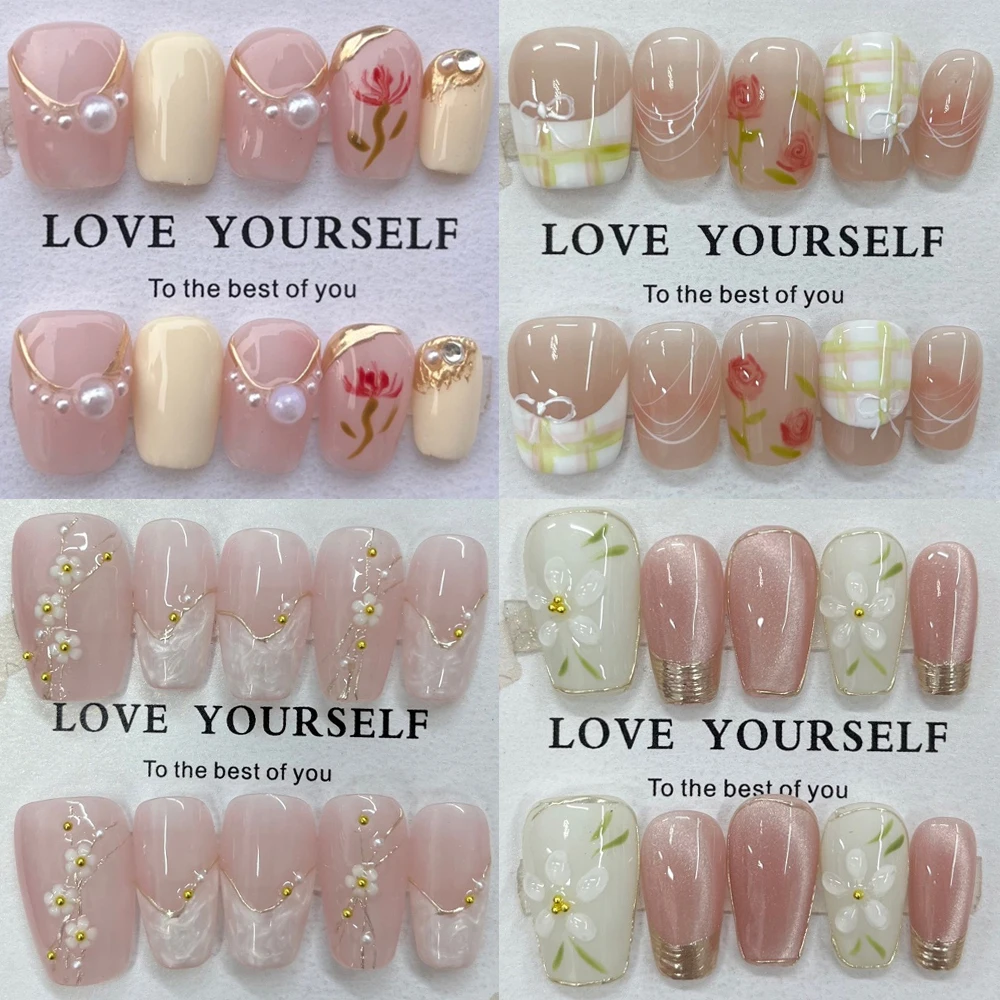 

10Pcs Shiny Golden Edge Handmade Press On Nails Cute Flowers Gradients Cat Eyes Pearl Design Short Wearable Nail Tips Art