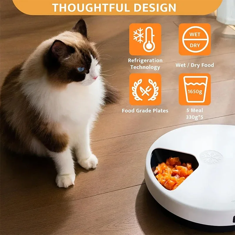 Automatic Pet Feeder for Wet Food with Cooling 5 Meal Timer Dispenser Semiconductor Refrigeration Keeps Food Fresh for 12H