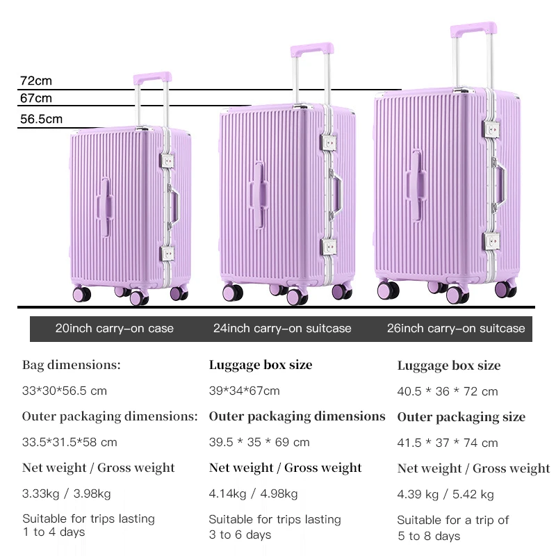 Bagagli con telaio in alluminio ispessito di grande capacità, valigia da viaggio con password ruota universale resistente da 26 pollici, studente da 24 pollici