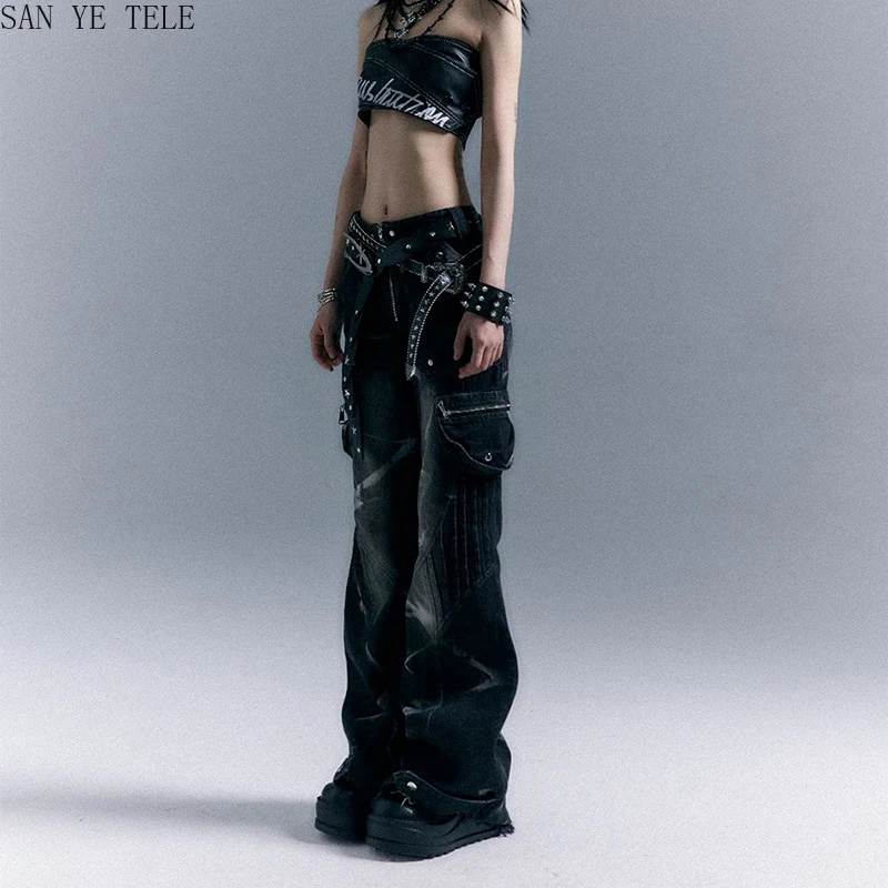 القوطية غسلها Y2k فضفاض مضيئة الجينز المرأة منخفضة الارتفاع برشام خمر الدنيم بنطلون Harajuku اليابانية البضائع الجينز السراويل الملابس
