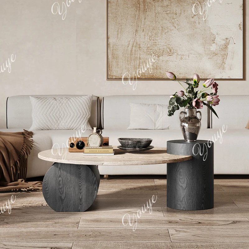 

Stone Italian Side Table Nordic Natural Travertine Unique Wood Coffee Table Round Stone Designer Stolik Kawowy Home Furniture