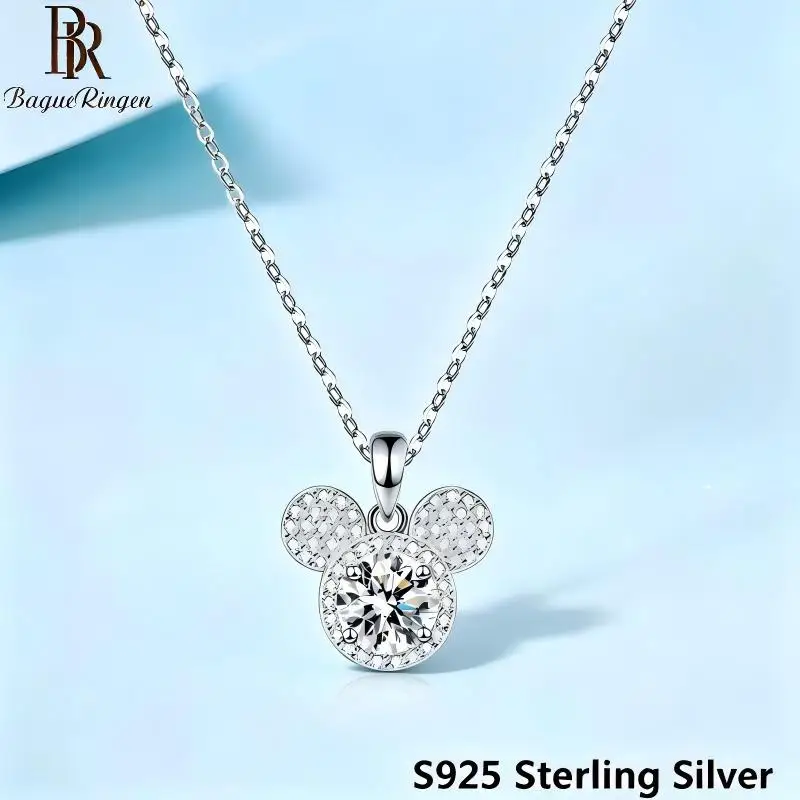 BR 6.5mm S925 Sterling Silver Moissanite Necklace  Luxury Round Bezel Mickey Pendant  Stylish Clavicle Chain for Women