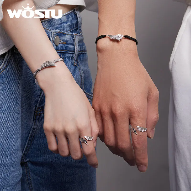 WOSTU 925 Sterling Silver Angel and Demon Lovers' Ring Couple Adjustable Rings Original Fine Jewelry For Women Anniversary Gift