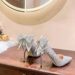 Fashion Shiny Bowknot Thin Heels Pumps Women Slip-On Bling Crystal Party Shoes Woman Sexy Pointed Toe Glitter High Heels Shoes