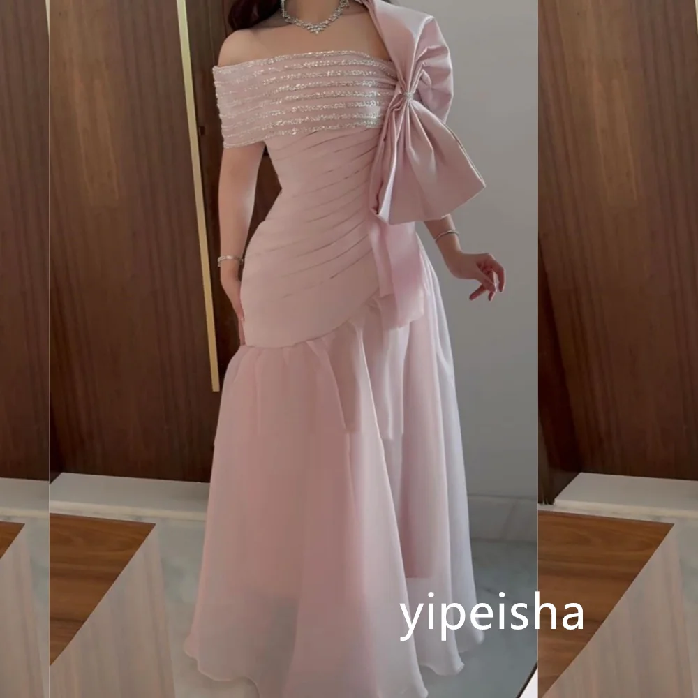 Customized Intricate Jersey Pleat A-line Off-the-shoulder Midi Dresses Prom Dresses Classic Exquisite Modern Style Pastrol  Chin