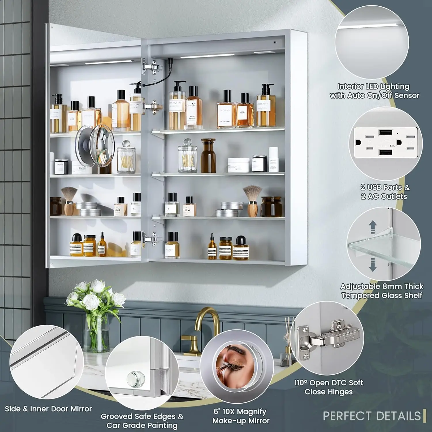 24X32 Inch Medicine Cabinet With Lights, Al Alloy Frame, Plug-In Or Hardwired, Recessed Or Wall Mount, Mirror Doors/3