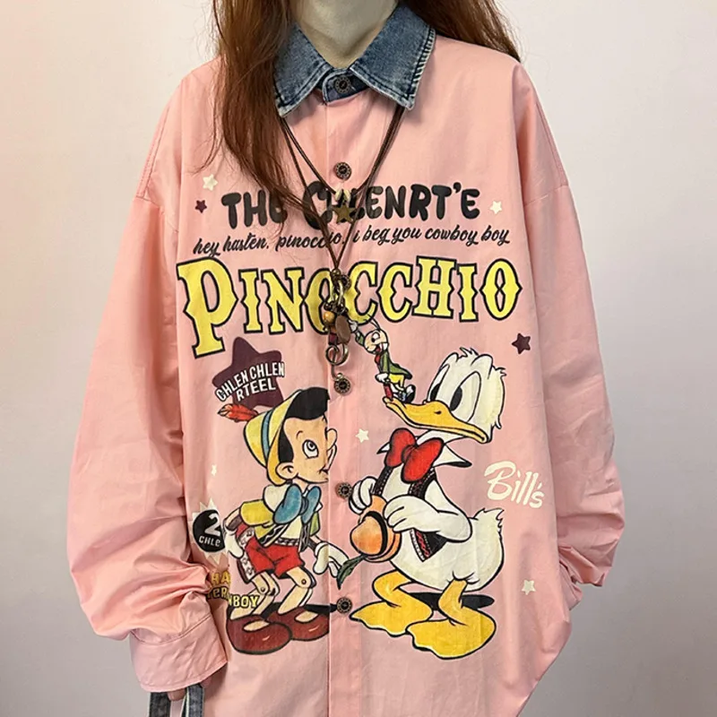 

Джинсовая лоскутная рубашка с длинными рукавами в американском стиле ретро с милым принтом «Дональд Дак» для женщин, новый повседневный универсальный топ