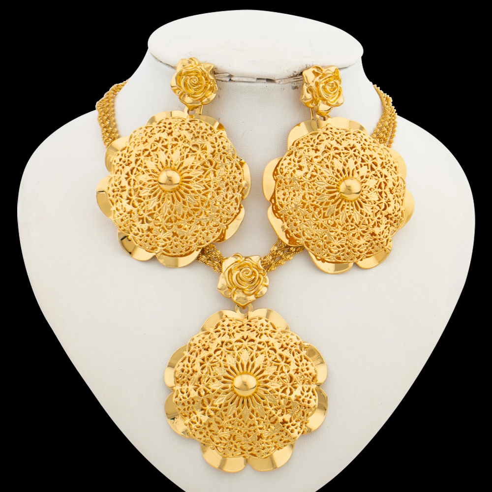 Dubai Gold Color Jewelry Set for Women Large Size Flower Pendant Necklace and Earrings Hollow Out Bangle Ring Set Bride African