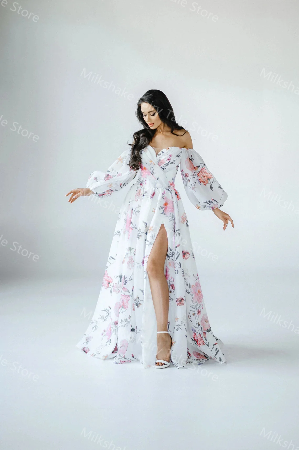 Glamorosos vestidos de noche de línea A con hombros descubiertos, vestidos de fiesta con estampado Floral para mujer, vestidos de fiesta de boda personalizados hasta el suelo sexys