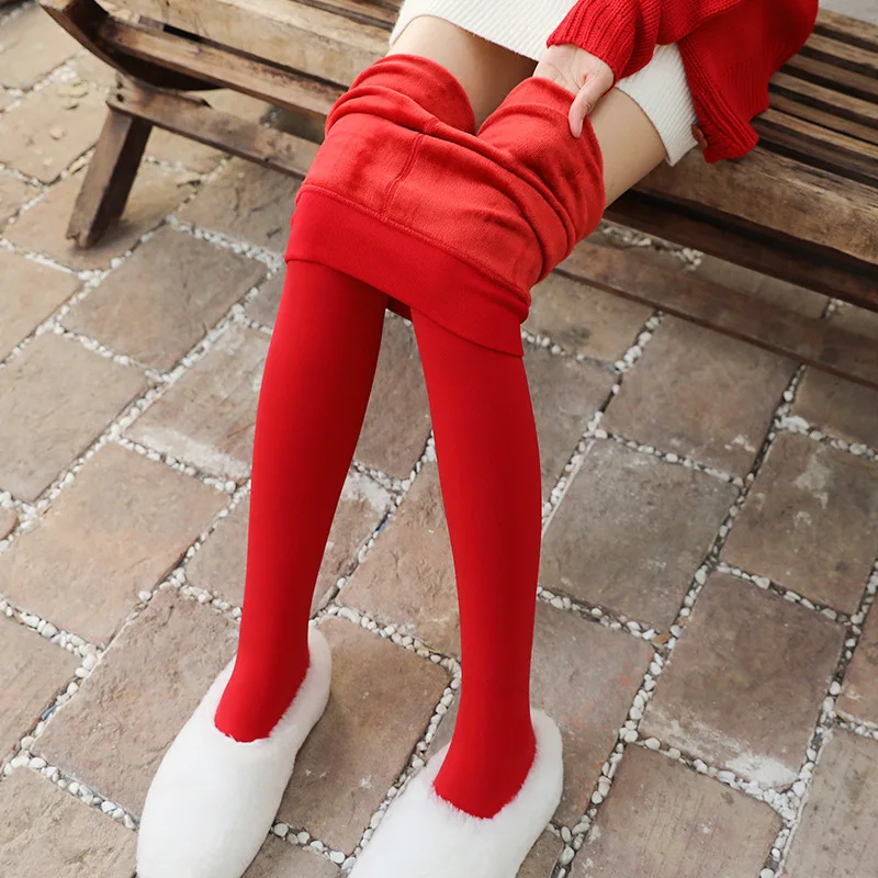 2024 Warm Red Pants Autumn Winter Plush Thickened Pantyhose Women Leggings Wedding Benmingnian New Design Bright Foot 155-172cm