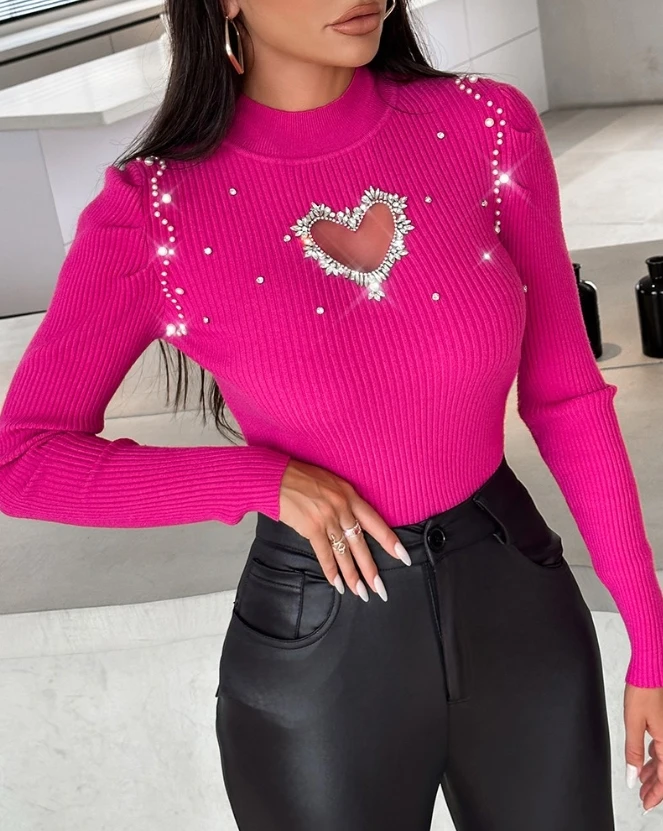 Blusa informal de punto con diamantes de imitación para mujer, suéter ajustado de manga larga con corazón hueco, Color sólido, para invierno, 2023