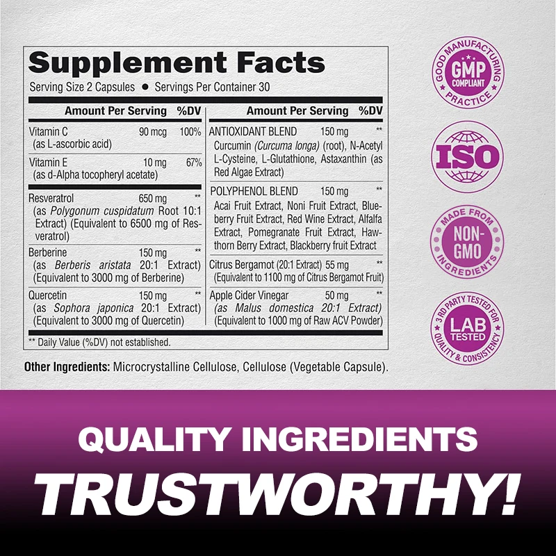 Resveratrol Capsules, Berberine, Quercetin, Apple Cider Vinegar -19-in-1 Polyphenol Complex, Antioxidant, Skin & Metabolism