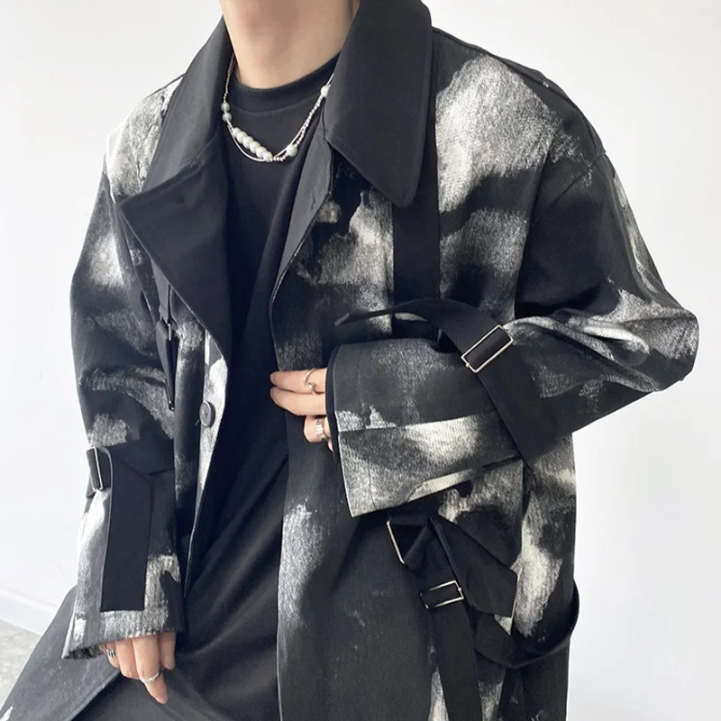 Ink Mens Tie-dye Tie Design Trendy Long Coat Autumn Winter Black Single Breast Vintage Streetwear Windbreaker Loose Jacket