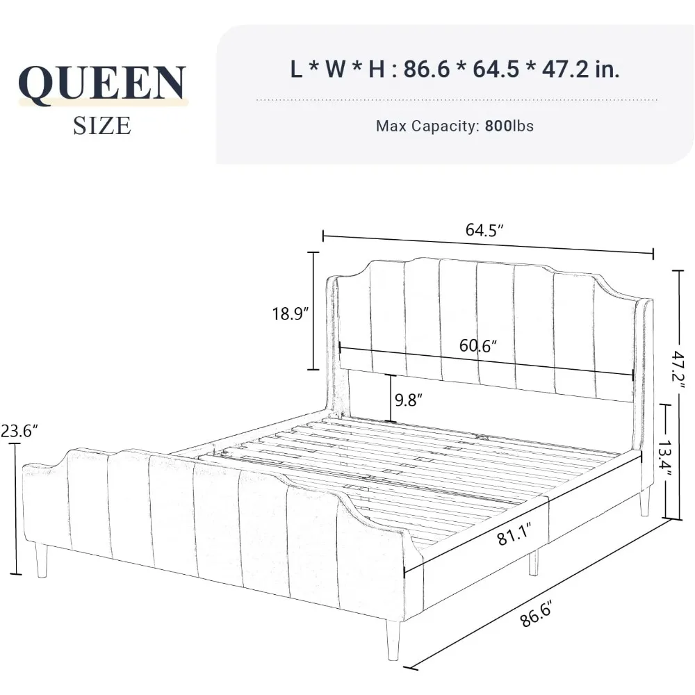 Aksamitna rama łóżka typu queen-size Tapicerowane łóżko z platformą z pionowym zagłówkiem i podnóżkiem, nogą z litego drewna i mocną