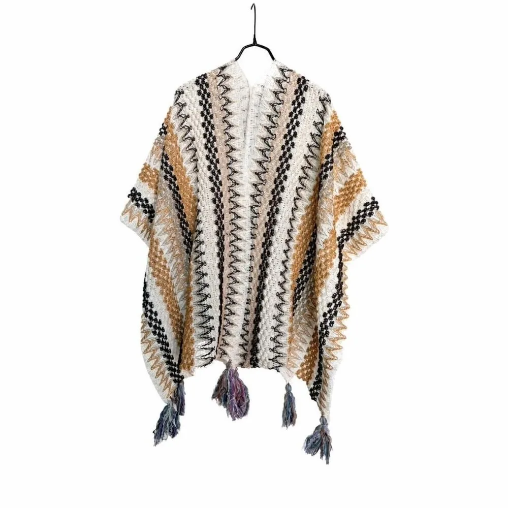 Vintage Striped Pattern Knit Poncho Cape Oversized Ethnic Print Shawl Wrap Cardigan Open Front Warm Open Front Poncho For Women