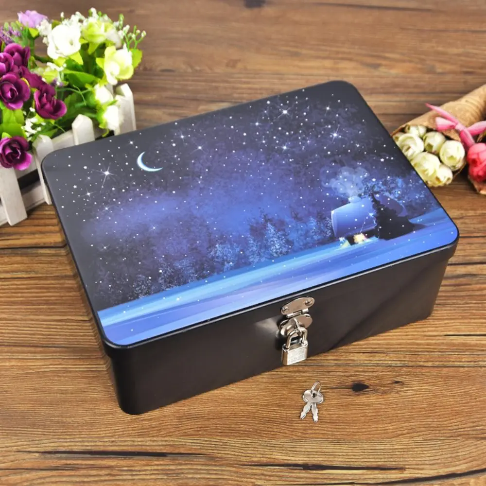 Convenient Vintage Tinplate Box Large Capacity Household Desktop Storage Case with Lock Key Jewelry Makeup Box