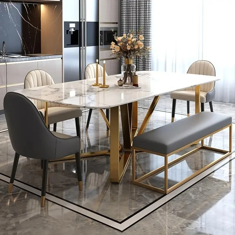 

For Beauty Marble Dining Table Minimalist Golden Stainless Steel Design High-End Rectangle Table Restaurant Muebles Furniture